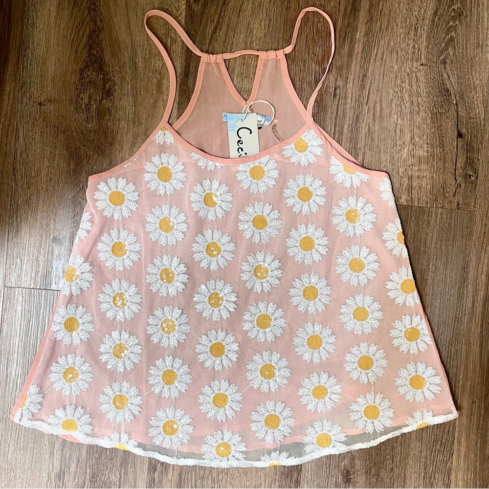 Cecico NWT Sequin Daisy Flower‎ Top Size M Pink Sleeveless Tank y2k Summer Cute